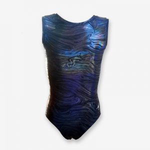 A black short-sleeved leotard with a shiny swirling rainbow look