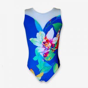 A short-sleeved leotard in a royal blue with a large floral print, and a white sweetheart design