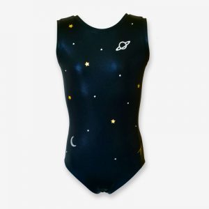 A black short-sleeved leotard with stars and planets