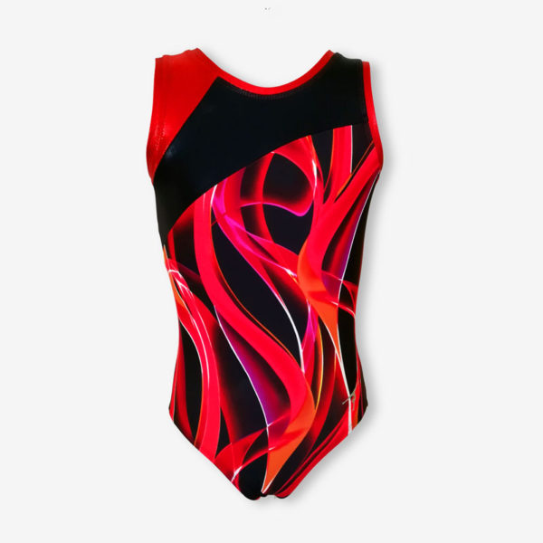 A short-sleeved leotard with one red shoulder, a black diagonal panel, and a swirling red and black base