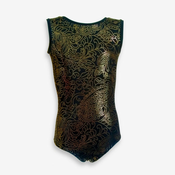 A black short-sleeved leotard with gold foil dots in swirling patterns