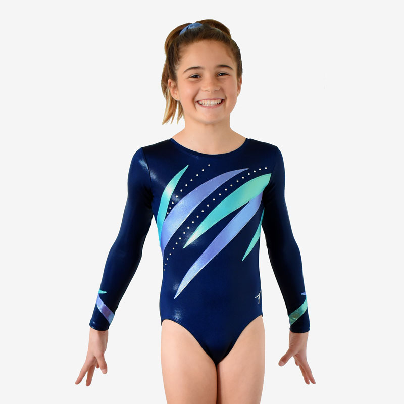 A navy blue long sleeve leotard with lavender and mint diagonal spikes across the chest and wrists