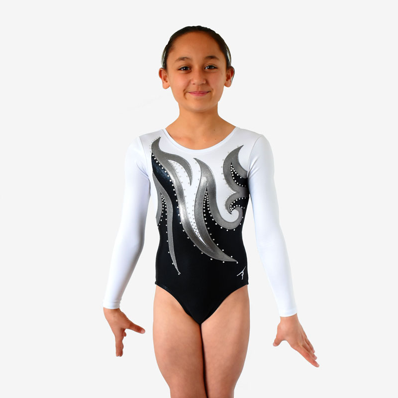 A black leotard with white sleeves and a swirling grey design across the front