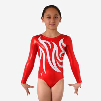 A red long sleeve leotard and a swirling white design across the front