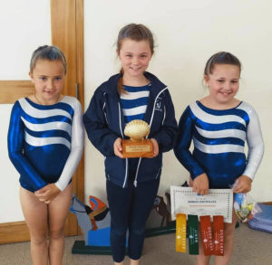 Three gymnasts pose with their awards, wearing matching blue leotards with a white swirl design