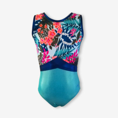 A short sleeve leotard with a bright tropical pattern on top, a shiny mint bottom, and deep blue highlights