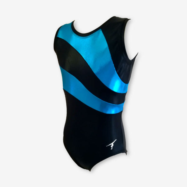 A short sleeved leotard with black and aqua blue panels
