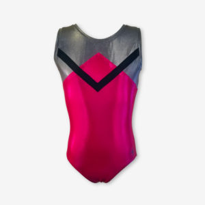 A short sleeved raspberry pink leotard with an angular design in grey and black across the chest and shoulders