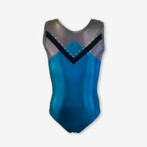 A short sleeved teal leotard with an angular design in grey and black across the chest and shoulders