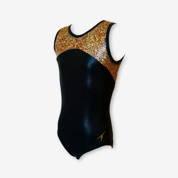 A black short sleeved leotard with a textured gold panel across the top