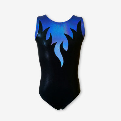 A short sleeved leotard with a purple ombre and a black design like flames