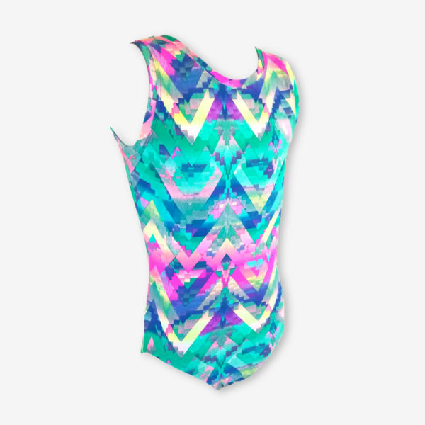 A short sleeve leotard with a geometric zigzag pattern in mint green and bright pinks