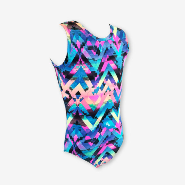 A short sleeve leotard with a geometric zigzag pattern in dark blues and pinks