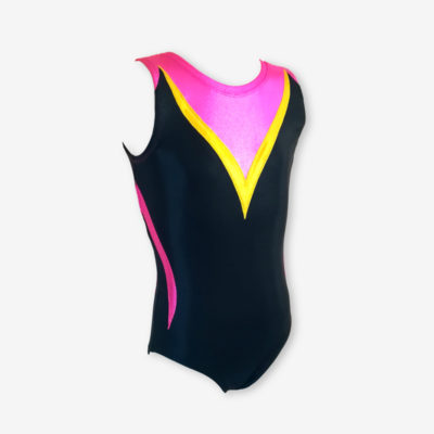 A black leotard with a deep sweetheart neckline, highlighted with hot pink and yellow