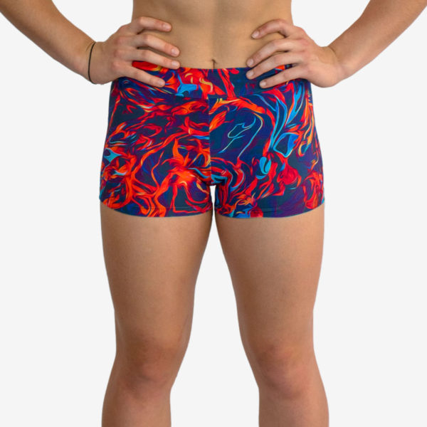 Shorts with a red and blue fiery swirling pattern